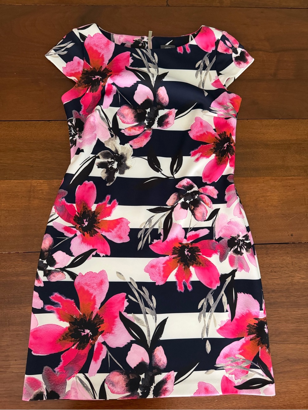 Vince Camuto White/Navy Stripe & Pink/Hot Pink Floral Sheath Dress